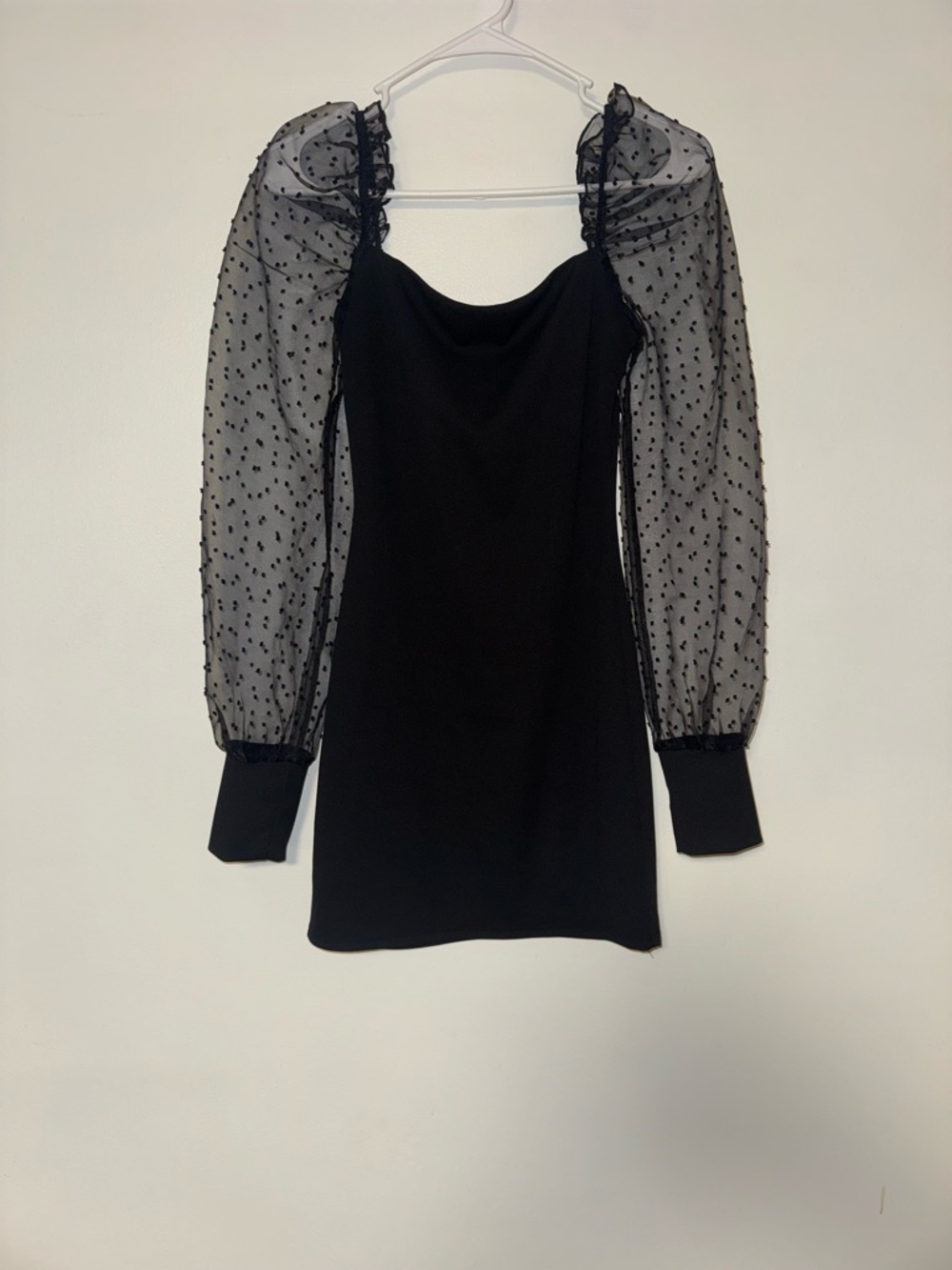 Lucy in the Sky Black Mini Dress with Sheer Dotted Puff Sleeves